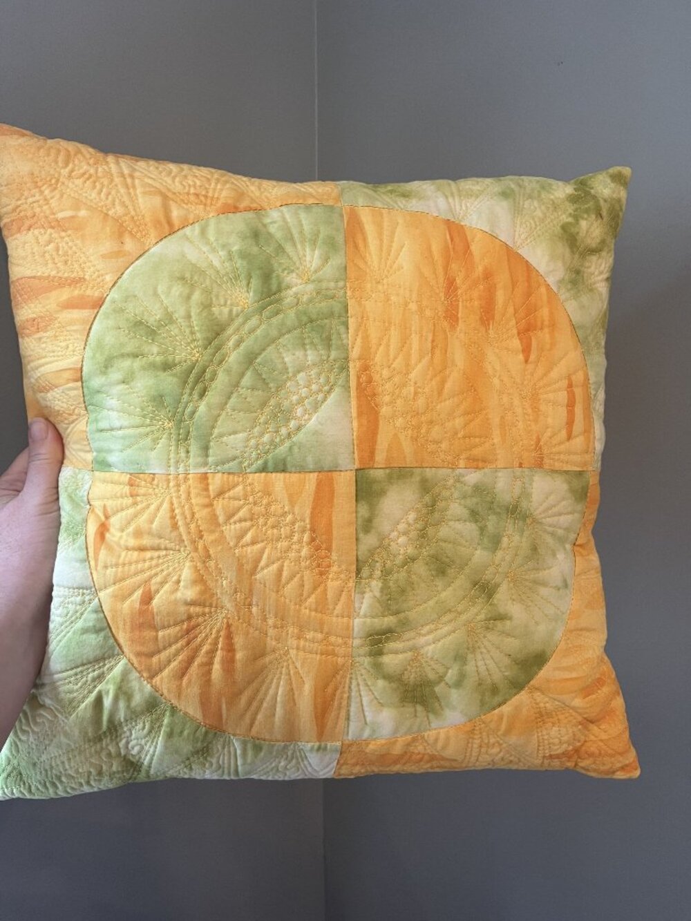 Quilted Geometric Yellow & Green BOHO Throw Pillow - 14 Inches - Handmade Patchw